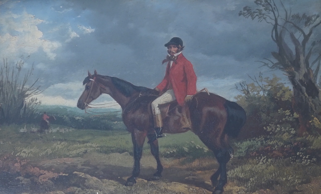 Byron Webb (1831-1867), two oils on board, Huntsmen on horseback, one signed, the other inscribed verso, largest 28 x 22cm, ornate gilt frames